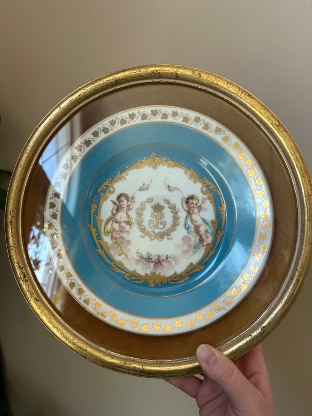 Antique Framed 1844 Turquoise Blue Celeste Sevres Louis Philippe Porcelain Plate